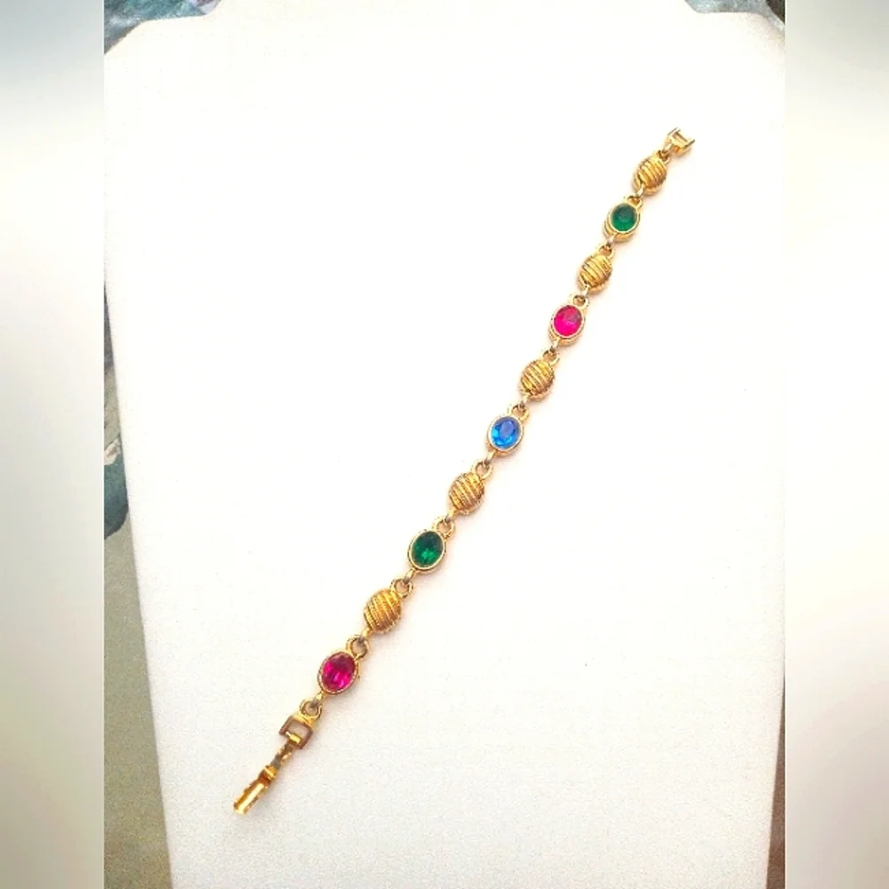 Multi Color Gemstone/Crystal Link Tennis Bracelet Textured Gold Tone Beads 1980s - Picture 2 of 5
